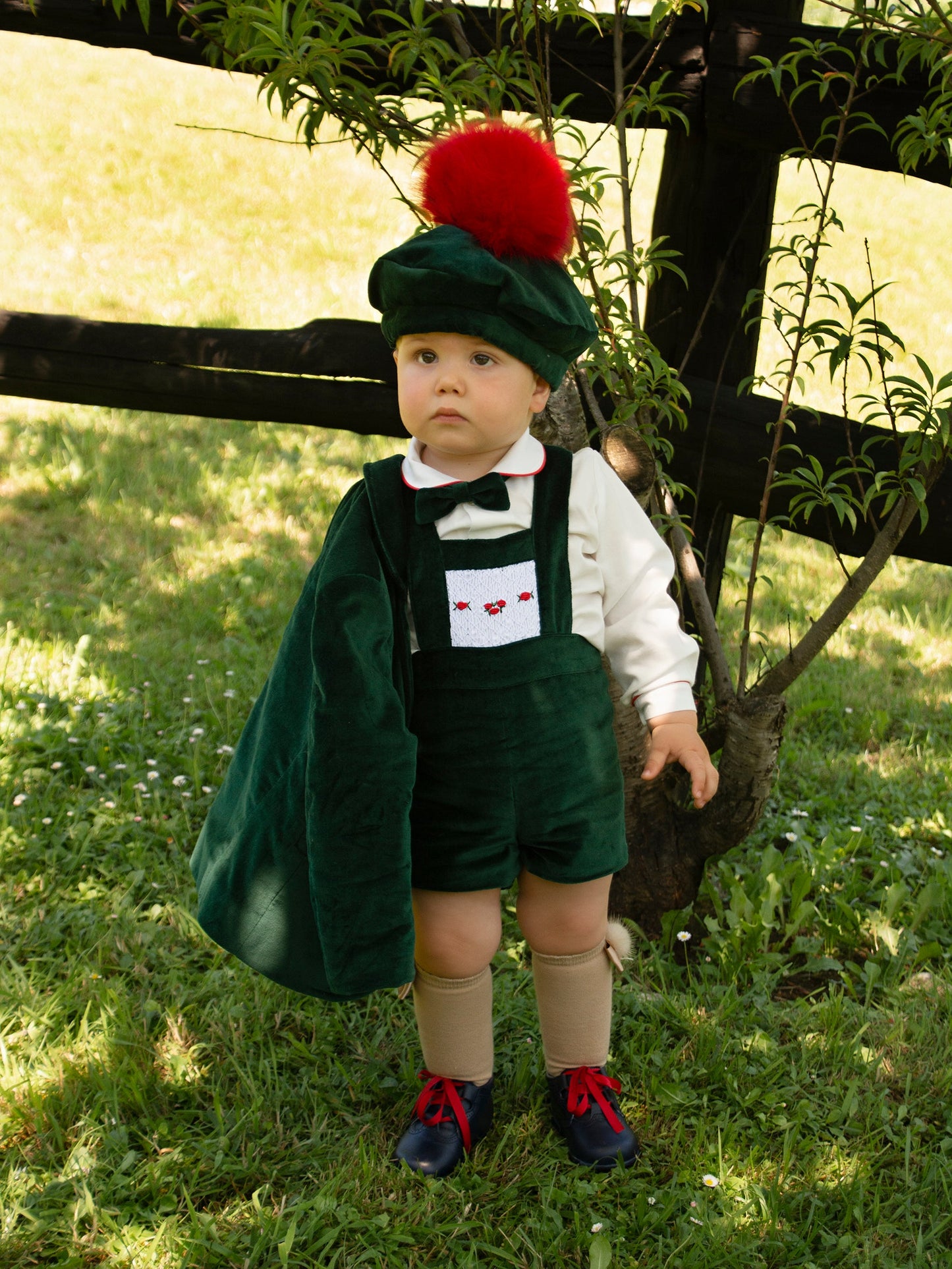 Sonata Boys Hand Smocked Bottle Green Velvet H- Bar Set AW (Made to order)