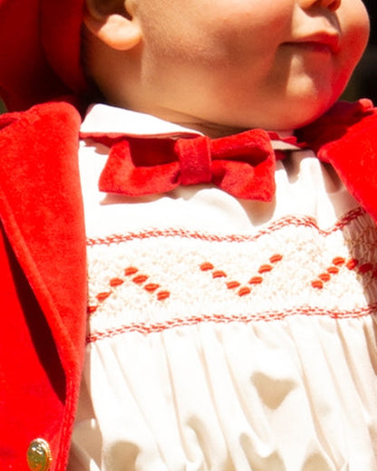 Sonata Boys Smocked Shirt And Velvet Red Shorts Set AW (Made to order)