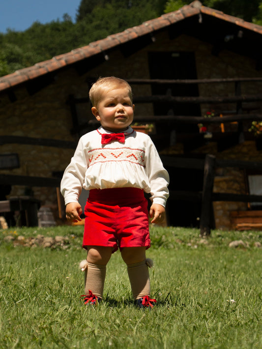 Sonata Boys Smocked Shirt And Velvet Red Shorts Set AW (Made to order)