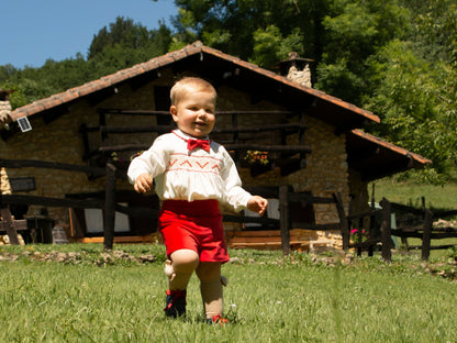 Sonata Boys Smocked Shirt And Velvet Red Shorts Set AW (Made to order)
