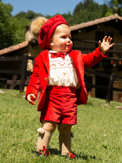 Sonata Boys Smocked Shirt And Velvet Red Shorts Set AW (Made to order)