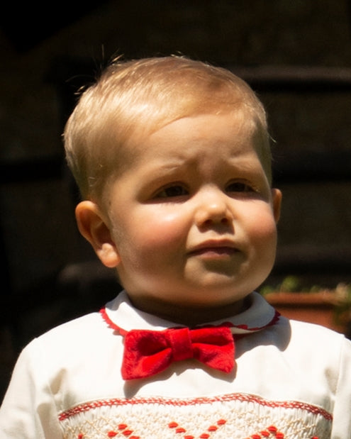 Sonata Boys Smocked Shirt And Velvet Red Shorts Set AW (Made to order)