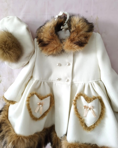 Sonata Girls Cream & Brown Faux Fur Coat AW (Made to order)