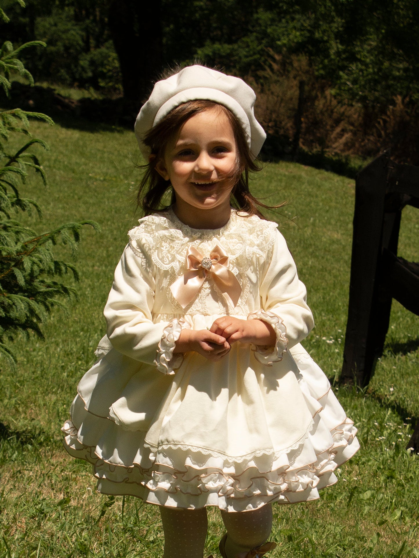 Cream and Gold Girls Velvet Handmade Spanish Puffball Dress