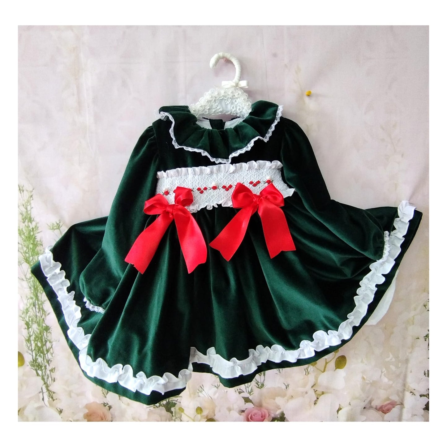 Sonata Bottle Green Pearl Smocked Dress (In Stock)