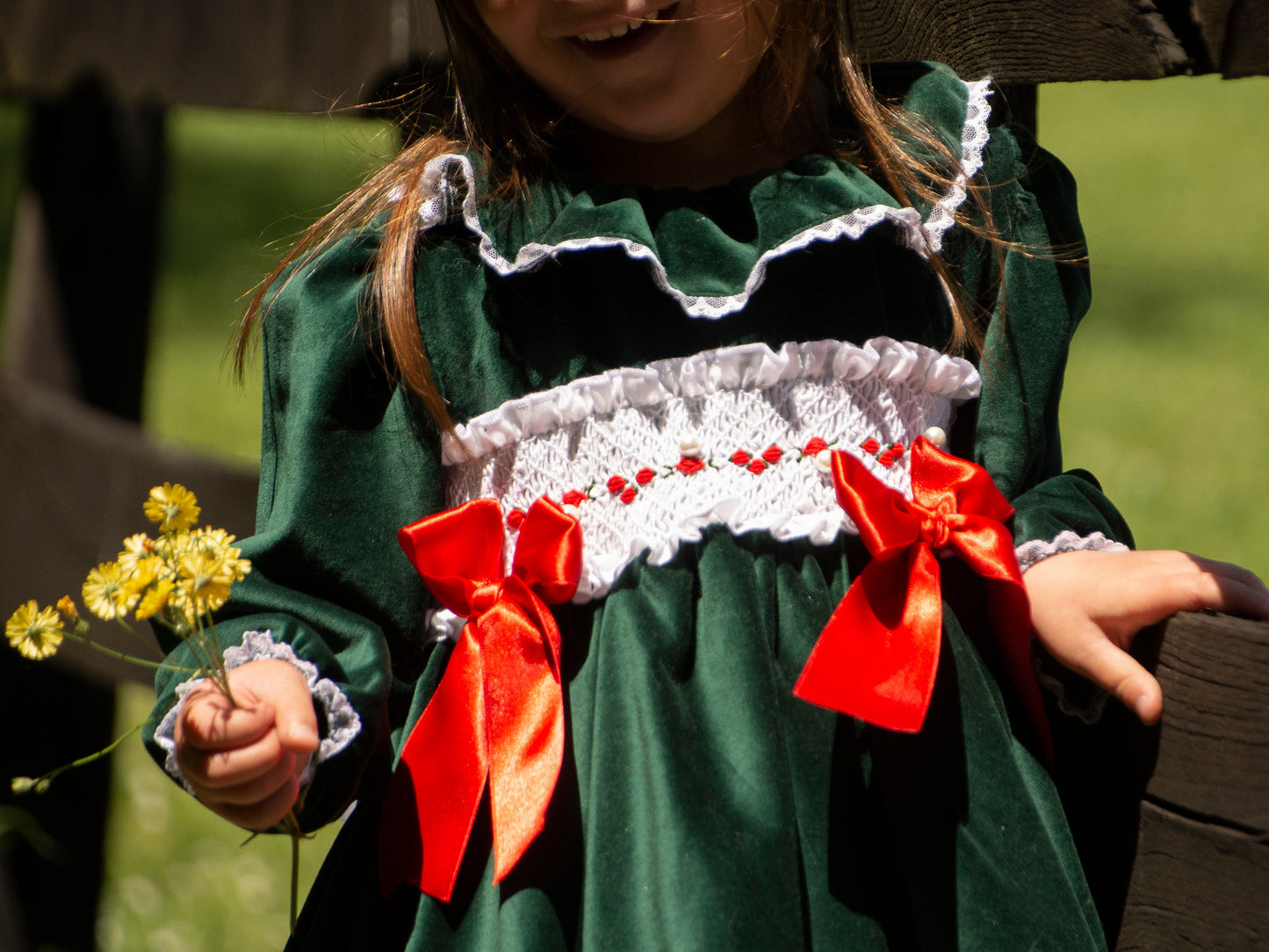 Sonata Bottle Green Pearl Smocked Dress (In Stock)