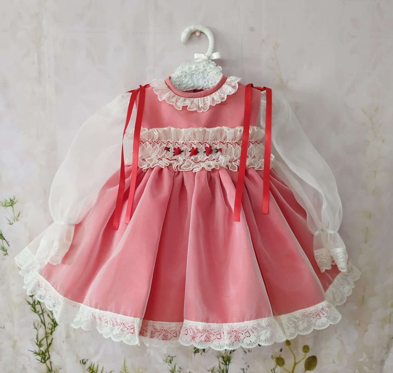 Sonata Red Organza Smocked Dress AW (Made to order)
