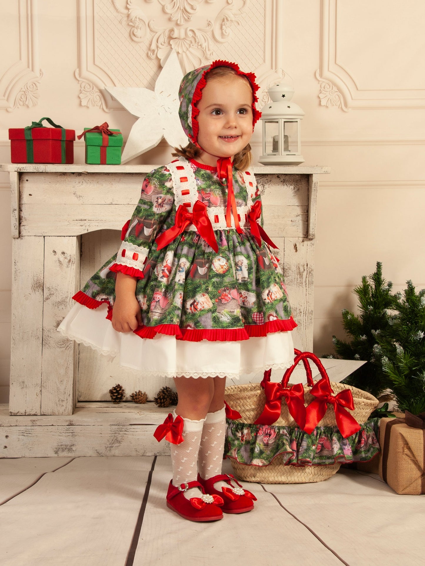 Sonata Christmas Print Puffball Dress & Hair Bow AW (Made to order)