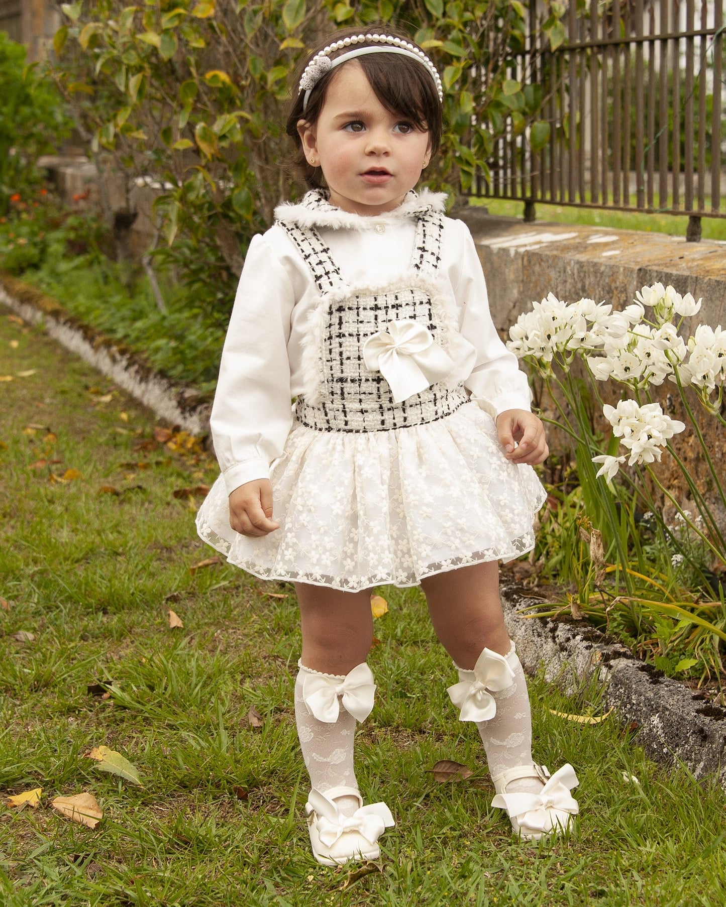 Sonata Girls Tweed Romper,  Blouse & Socks (black bow) - (In Stock 24m)
