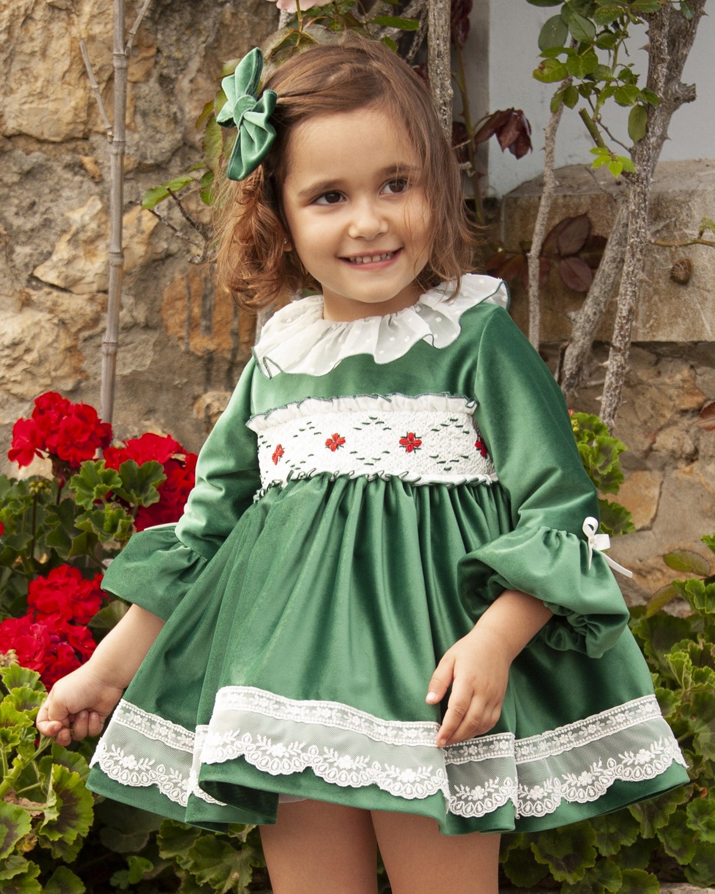 Sonata Emerald Green Smocked Dress & Hair Bow AW (Made to order)