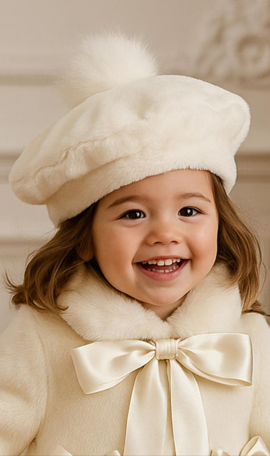 Girls Cream Extra Soft Fur Beret Pom Hat AW25 (Made To Order)