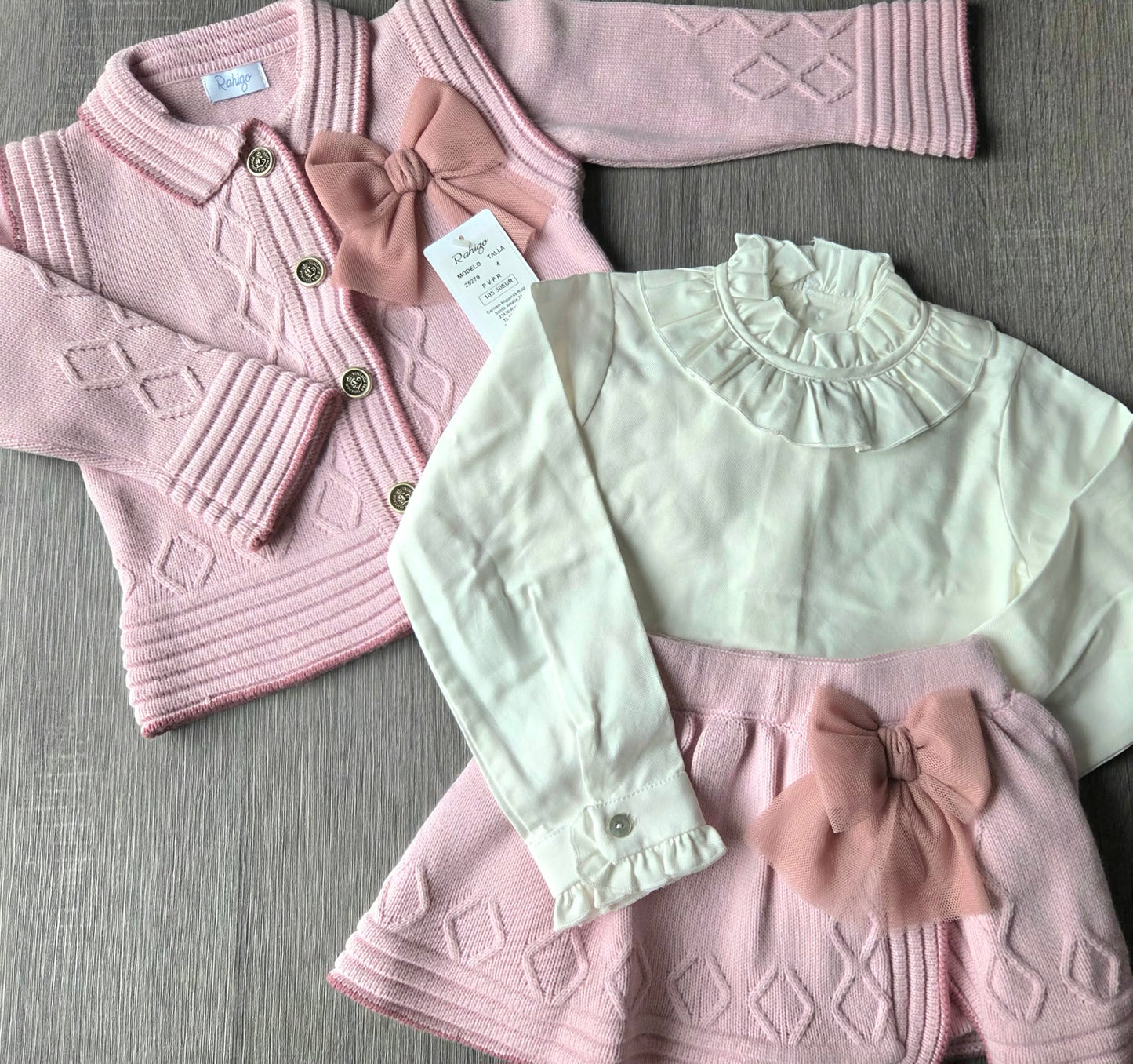 Baby Girls Rahigo Dusky Pink 3 piece Cardigan, Blouse & Skirt AW25 -in stock
