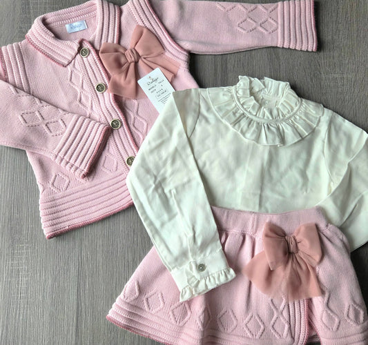 Baby Girls Rahigo Dusky Pink 3 piece Cardigan, Blouse & Skirt AW25 -in stock