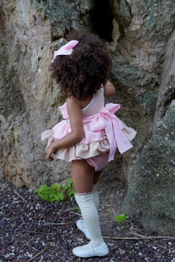 Ela Confeccion SS25 Girls Camel & Pink Dress, Knickers & Hair Bow - (Made to order)