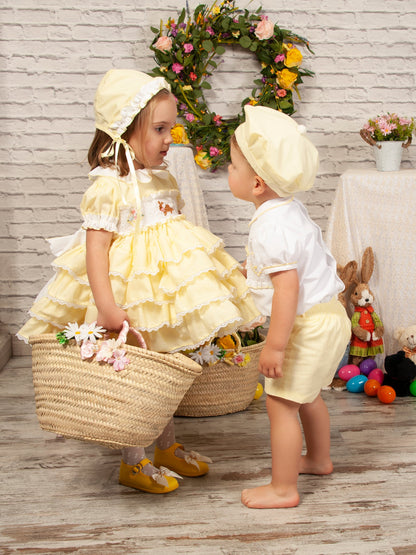 Yellow Ruffle Hand Smocked Easter Bunny Dress (Made to order)