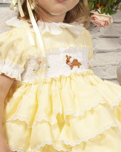 Yellow Ruffle Hand Smocked Easter Bunny Dress (Made to order)