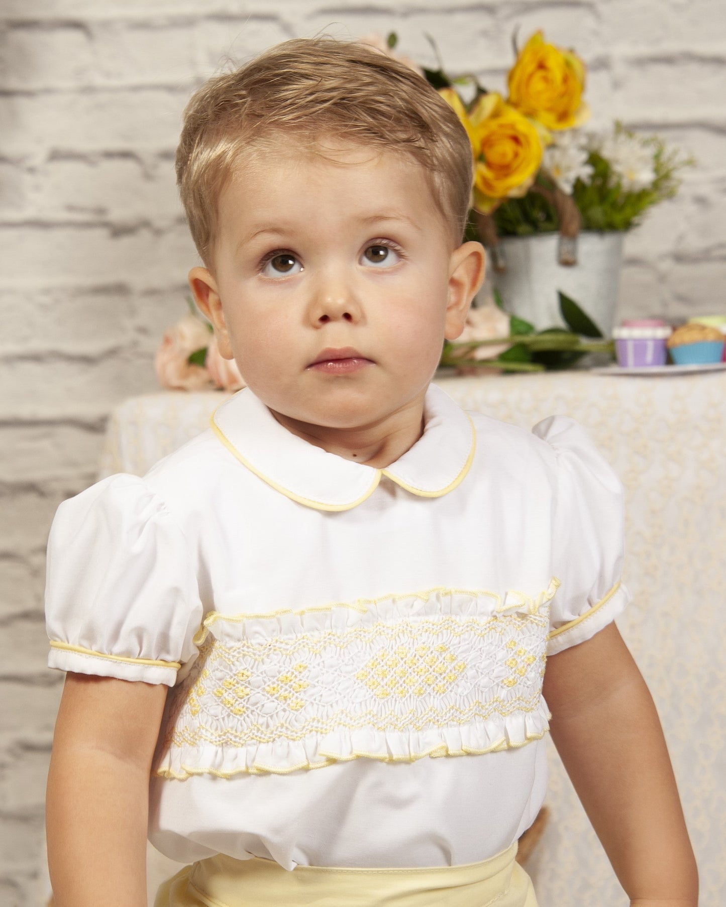 Pale Yellow Boys Handsmocked Shorts Set (Made to order)