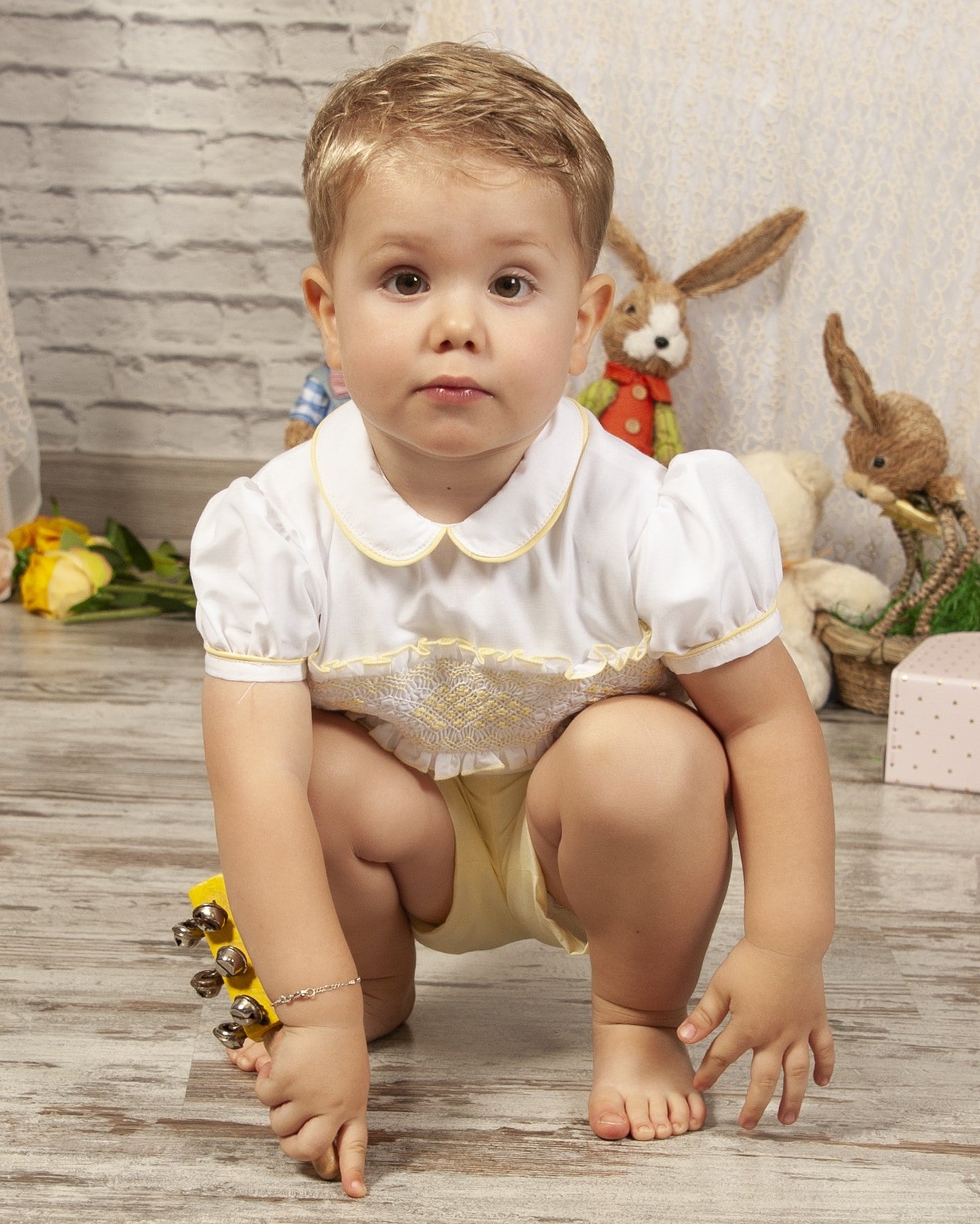 Pale Yellow Boys Handsmocked Shorts Set (Made to order)