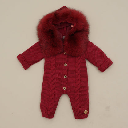 Pangasa Powder Pink Natural Fur Cable Knitted Pramsuit - Preorder