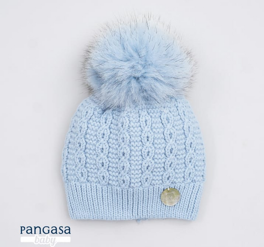 Pangasa Baby Powdered Blue Faux Fur Pom Cable Hat - Preorder
