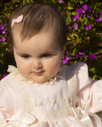 Pale Pink Embroidered Puffball Dress, Knickers & Bonnet AW (Made to order)