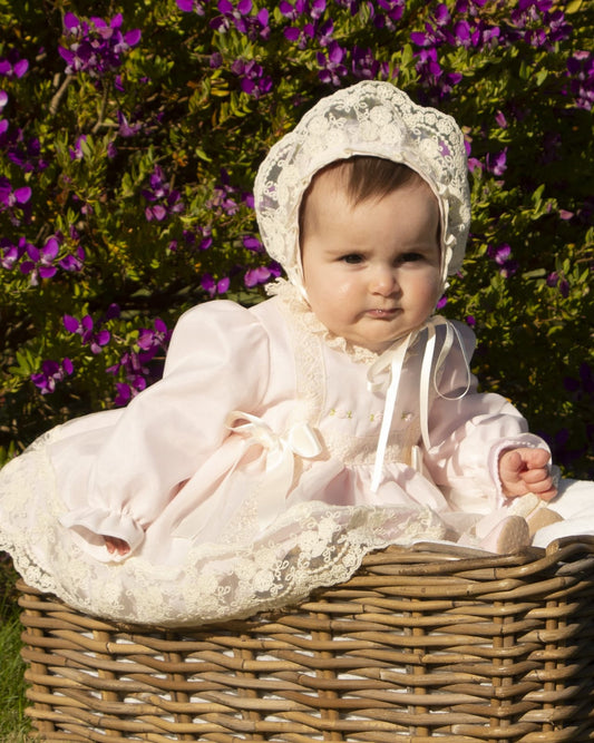 Pale Pink Embroidered Puffball Dress, Knickers & Bonnet AW (Made to order)