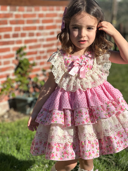 Sonata Roses & Hearts Layered Ruffle Dress & Hair Bow - (Made To Order)