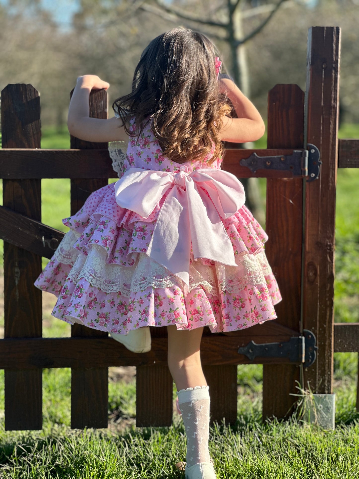 Sonata Roses & Hearts Layered Ruffle Dress & Hair Bow - (Made To Order)