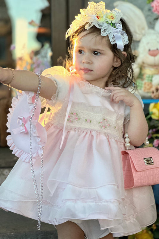 Girls Handsmocked Pink Overlay Puffball Dress - (Made To Order)