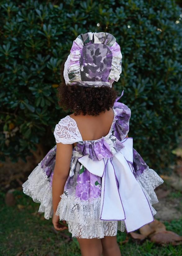 Ela Confeccion SS25 Girls Purple Floral Handmade Bonnet - (Made to order)