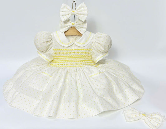 Yellow Plumetti Smocked Front & Back Dress, Knickers & Hair Accessory