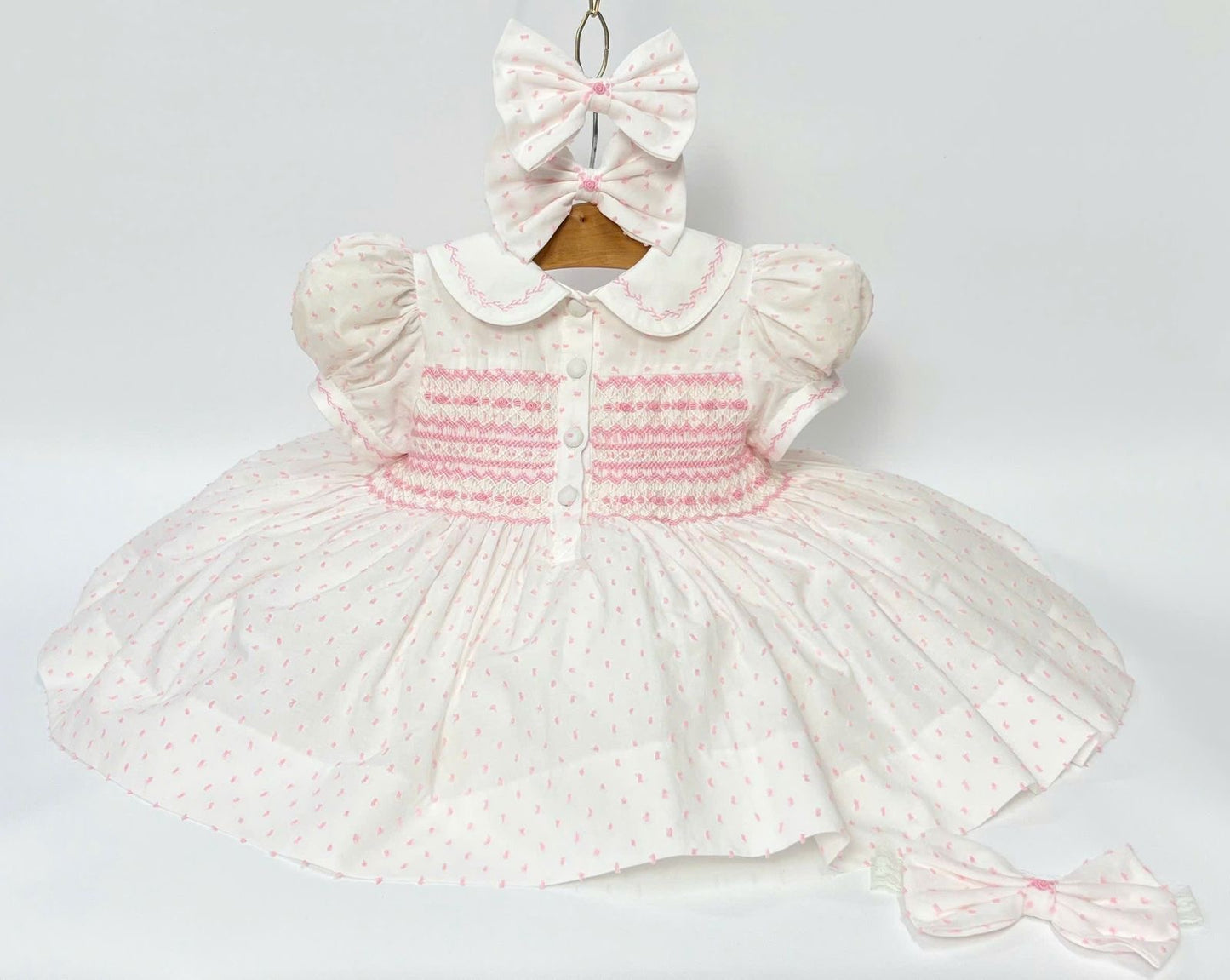 Pink Plumetti Smocked Front & Back Dress, Knickers & Hair Accessory