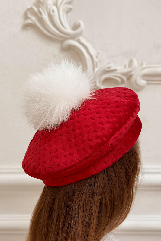 Girls Red Quilted Pom Beret Hat AW25 (Made To Order)