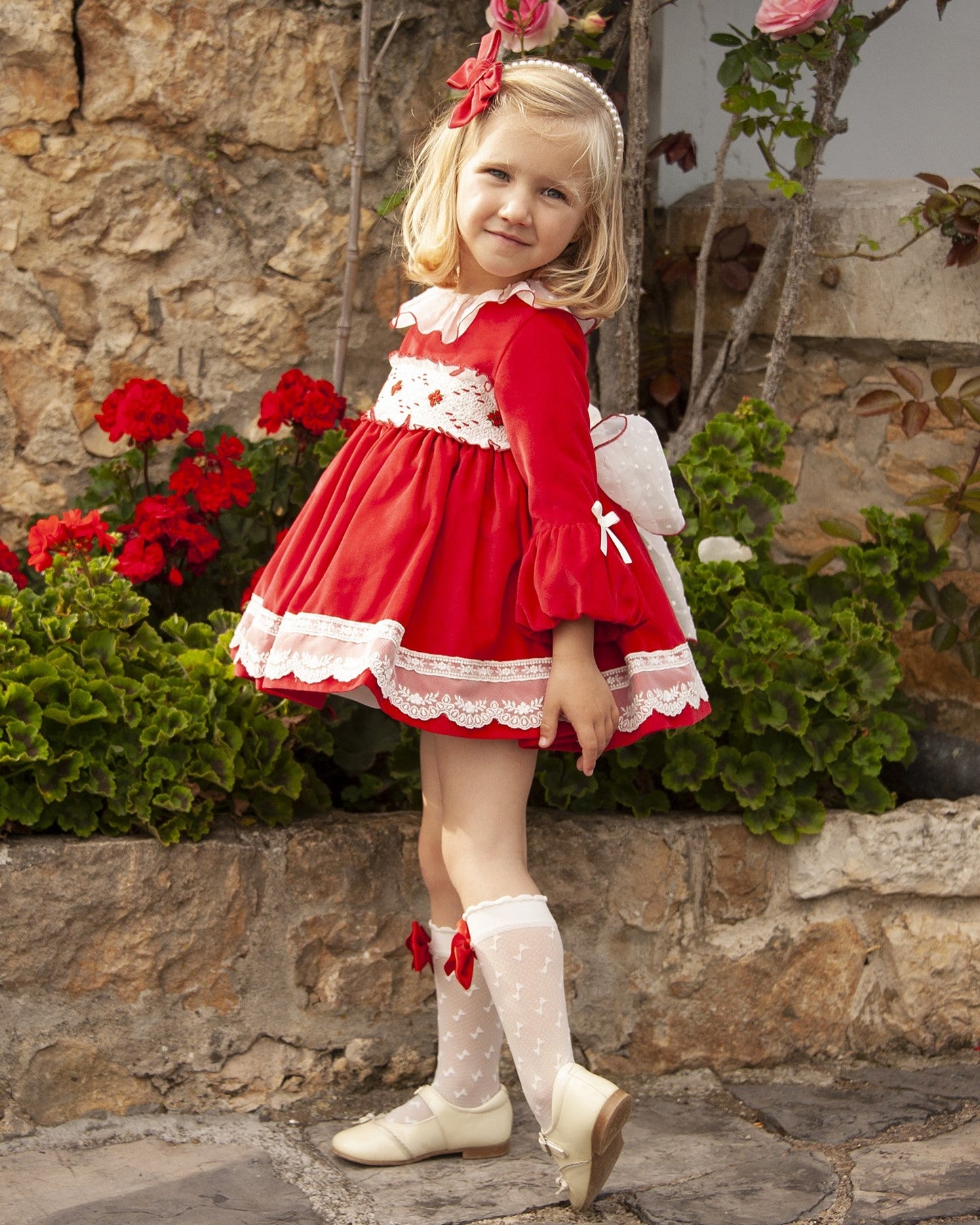 Sonata Red Smocked Dress & Hair Bow AW (Made to order)