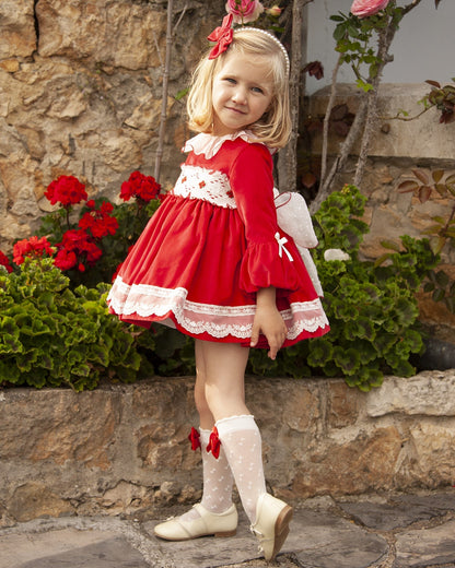 Sonata Red Smocked Dress & Hair Bow AW (Made to order)