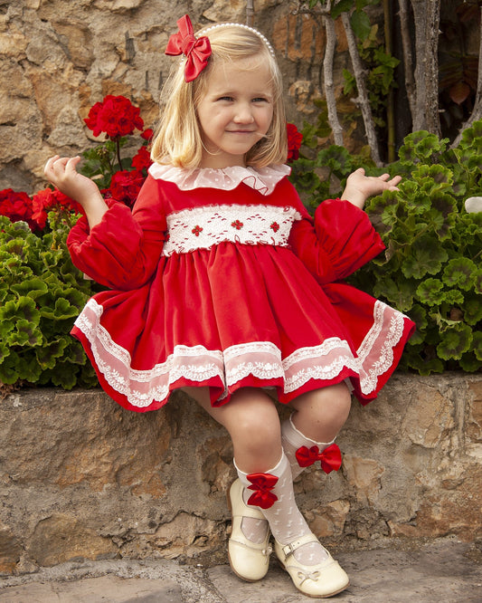 Sonata Red Smocked Dress & Hair Bow AW (Made to order)