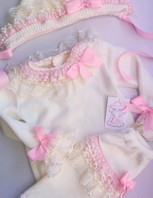 Ela Confeccion Girls Frill Lace Hand Knitted Legging Set - (Made To Order)