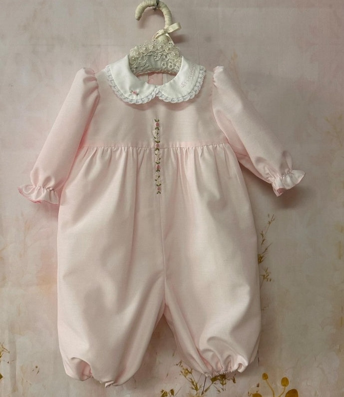 Pink Smocked Collar Romper with personalised name embroidery AW (Made to order)