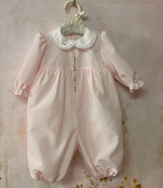 Pink Smocked Collar Romper with personalised name embroidery AW (Made to order)