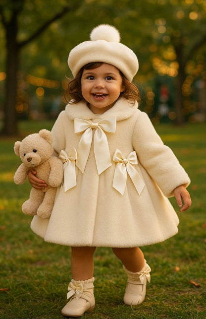 Cream Extra Soft Fur Girls Handmade Neck Tie Sonata Coat AW25 (Made To Order)