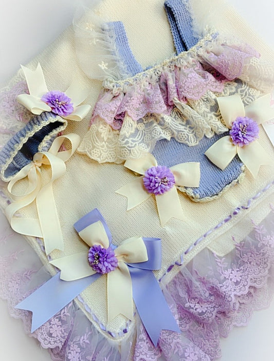Ela Confeccion Lilac Hand Knitted Romper, Bonnet & Shawl - (Made To Order)