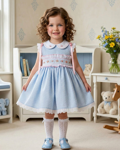 Girls Blue Plumetti Hand Sleeveless Smocked Dress - (Made To Order)