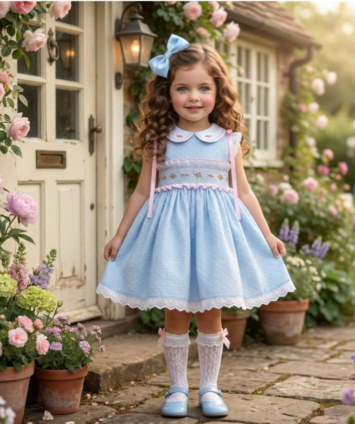 Girls Blue Plumetti Hand Sleeveless Smocked Dress - (Made To Order)