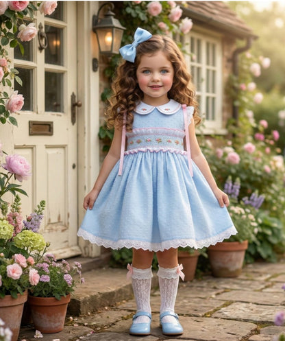 Girls Blue Plumetti Hand Sleeveless Smocked Dress - (Made To Order)