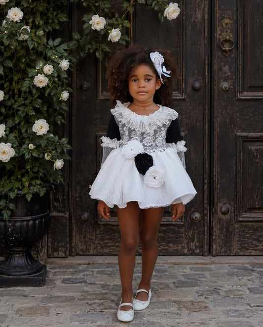 Ela Handmade Black & White Victoria Dress, Knickers & Bonnet or Hairclip Set AW26  - (Made to order)