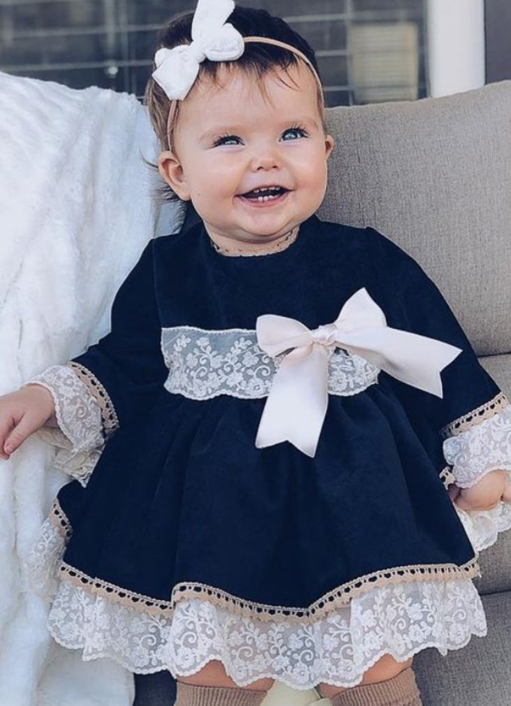 Sonata Navy Velvet Puffball Dress (Made to order)