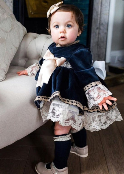 Sonata Navy Velvet Puffball Dress (Made to order)