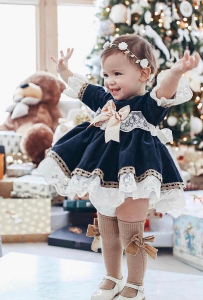 Sonata Navy Velvet Puffball Dress (Made to order)