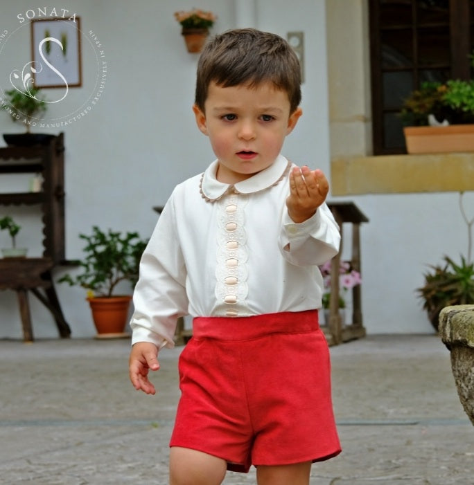 Boys Red Velvet Shorts & Shirt Set (Made to order)