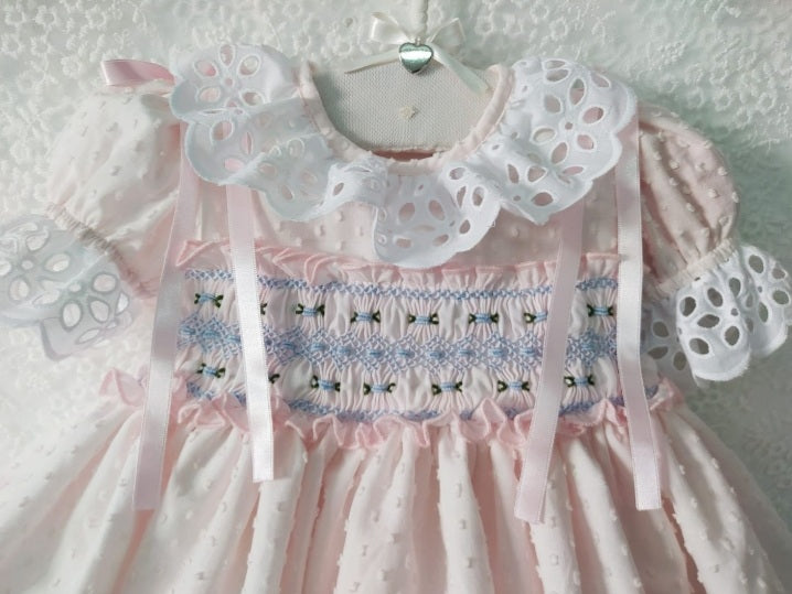 Sonata Pink Plumetti Handsmocked Dress (Made to order)